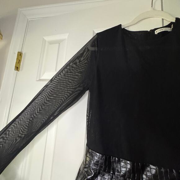 Alice and Olivia Chara Faux Leather Party Dress Pleated Skirt Mini Black Sheer - Picture 4 of 7